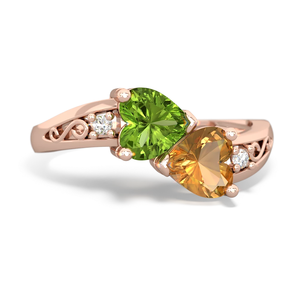 Peridot Snuggling Hearts 14K Rose Gold ring R2178