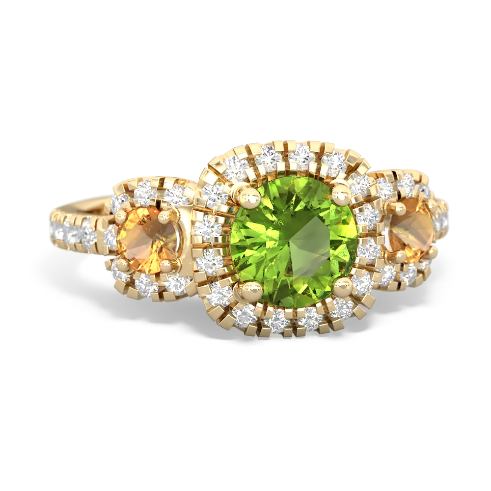 Bold Peridot Halo 3-Stone Ring with Diamonds 18K Two-Tone Gold