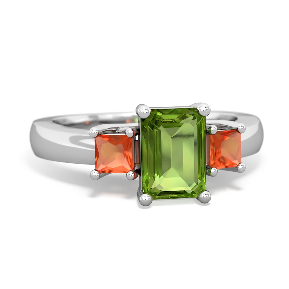 Peridot Three Stone Emerald-Cut Trellis 14K White Gold ring R4021