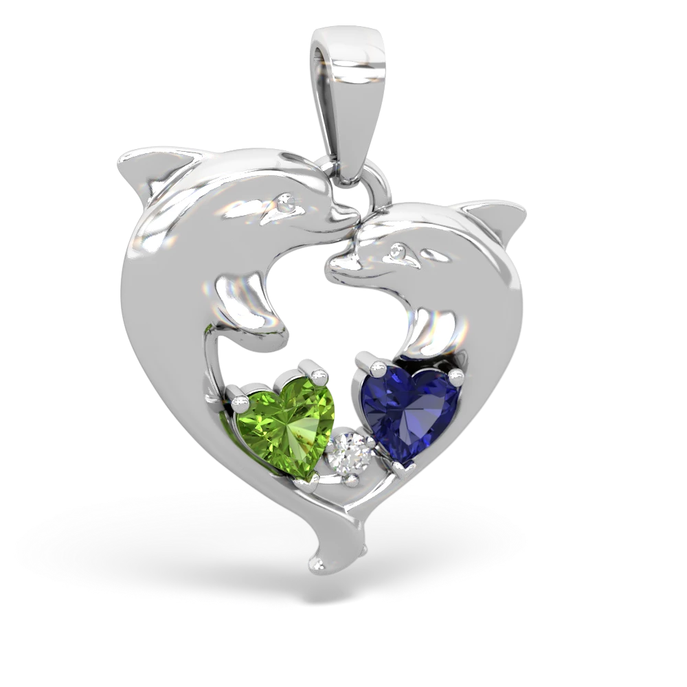 Peridot Lab Sapphire Dolphin Heart Necklace - 14K White Gold