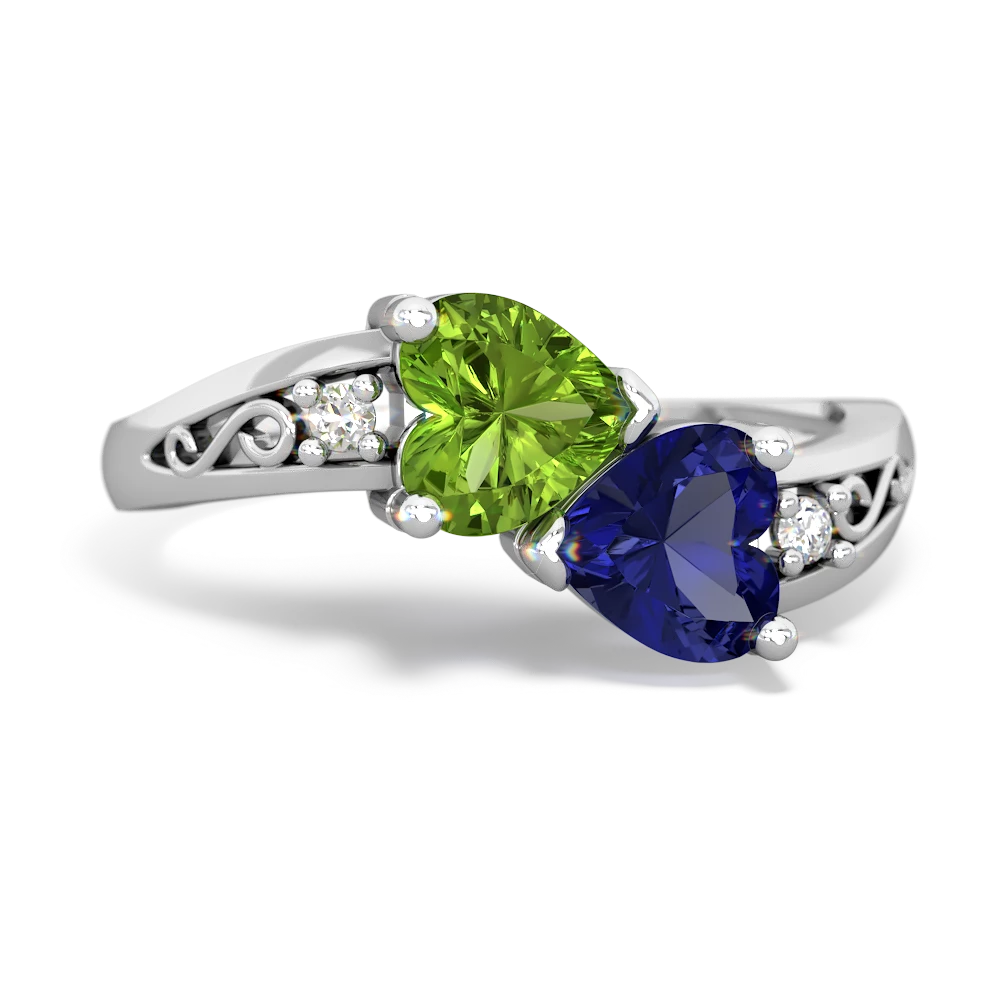 Peridot Snuggling Hearts 14K White Gold ring R2178