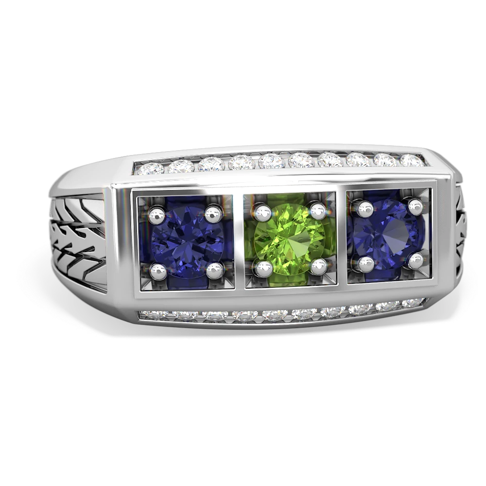 Peridot Three Stone Tire Tread Men's 14K White Gold ring R0520