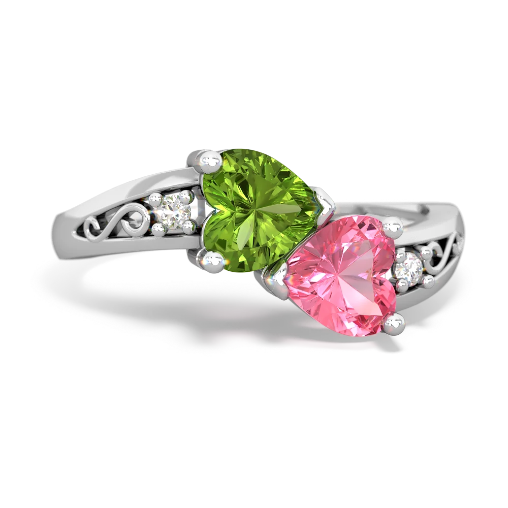 Peridot Snuggling Hearts 14K White Gold ring R2178