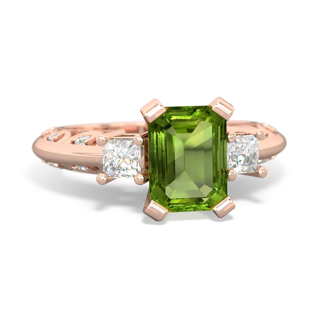 Peridot Art Deco Diamond 8X6 Emerald-Cut Engagement 14K Rose Gold ring R20018EM