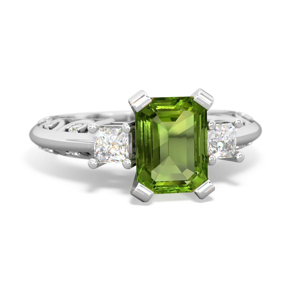 Peridot Art Deco Diamond 8X6 Emerald-Cut Engagement 14K White Gold ring R20018EM