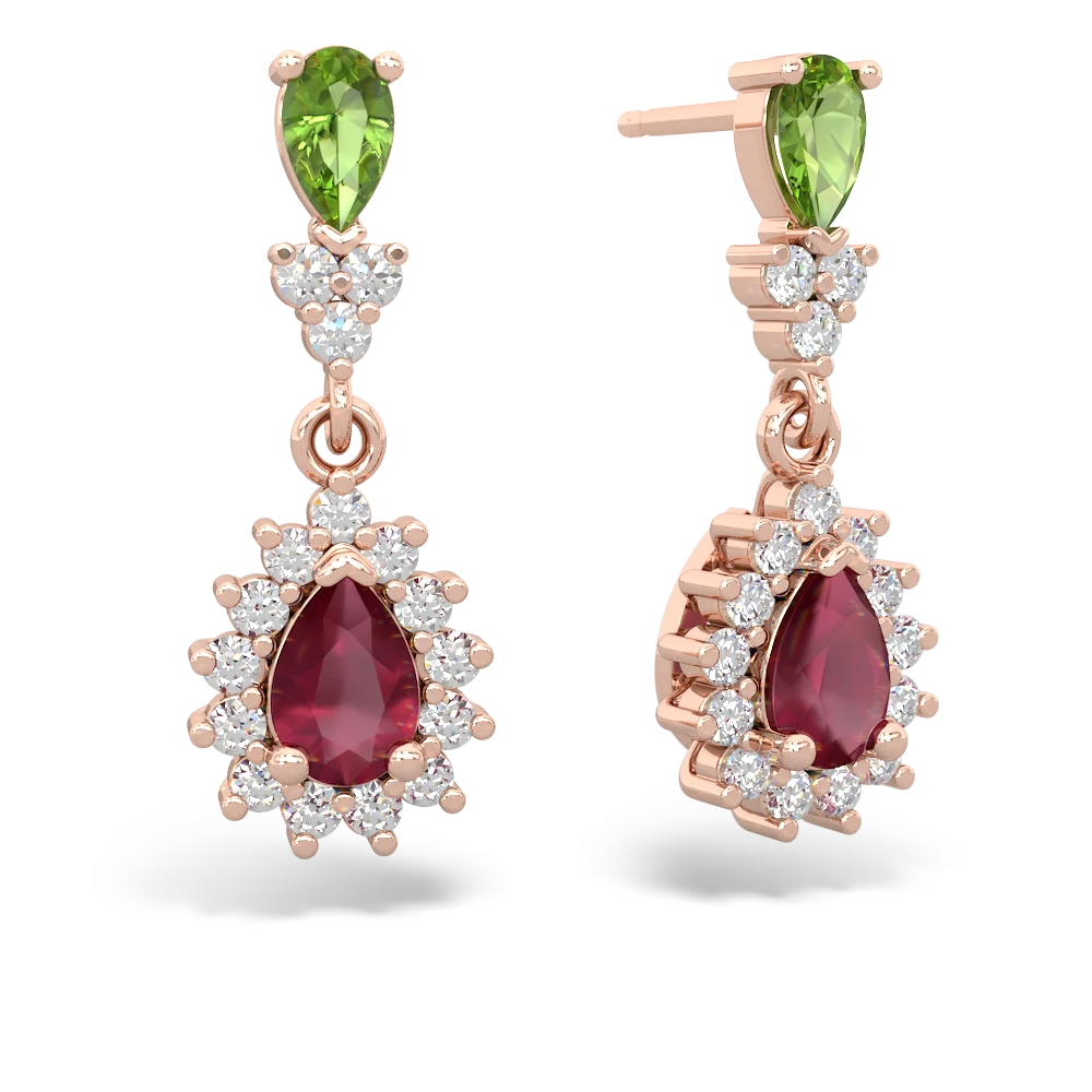 Peridot Ruby Halo Pear Dangle earrings - 14K Rose Gold |JewelsForMe