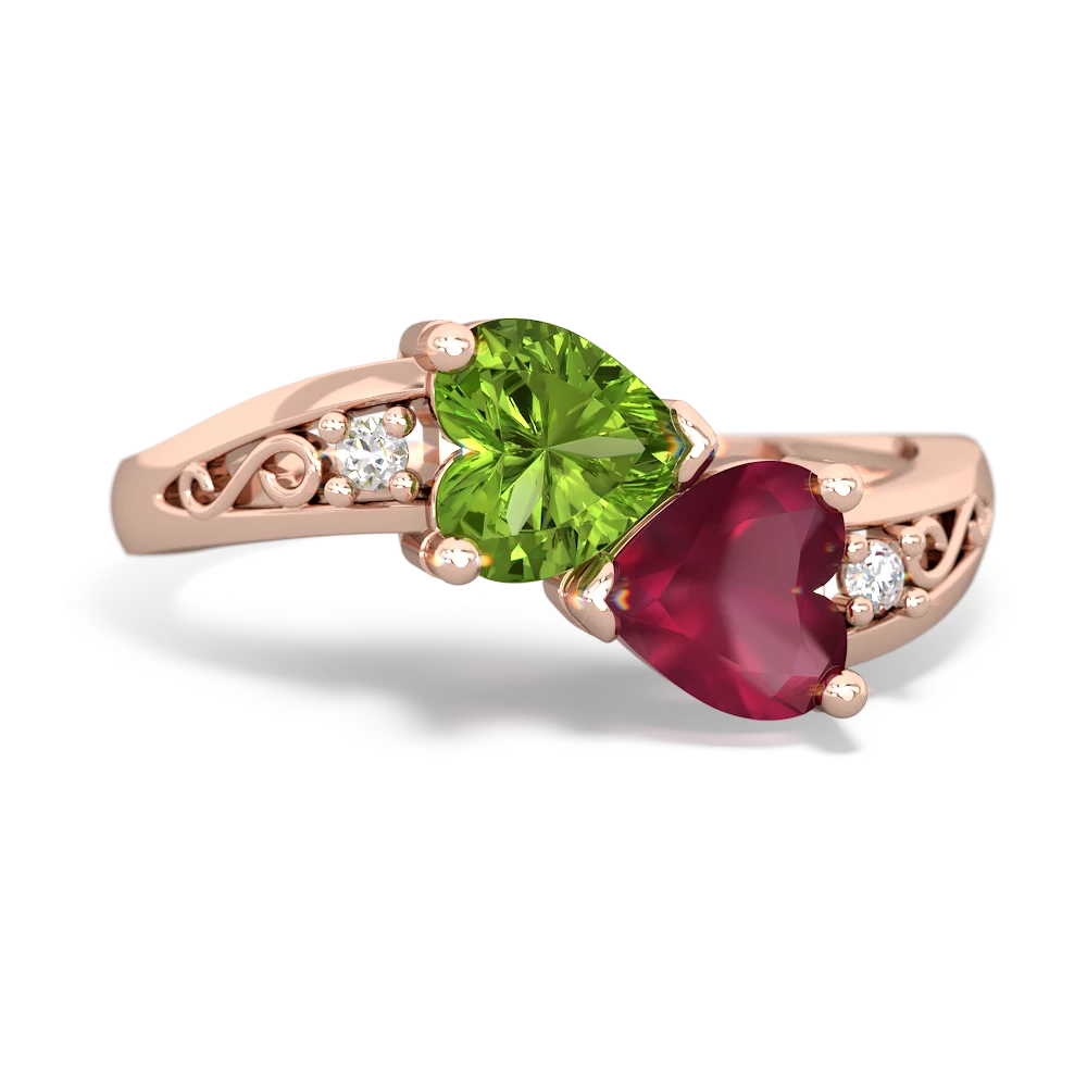 Peridot Snuggling Hearts 14K Rose Gold ring R2178