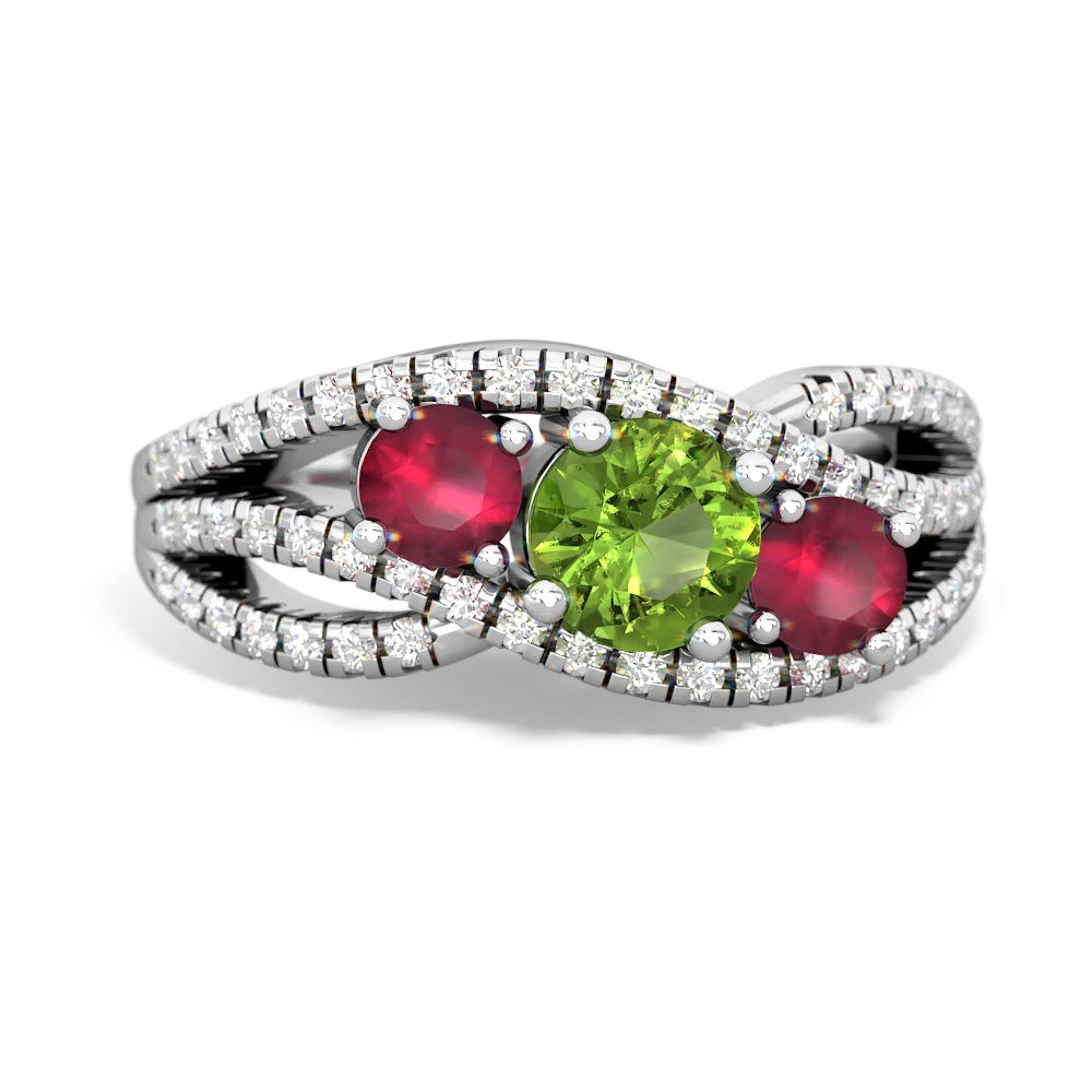 Peridot,Ruby Lab Pink Sapphire Three Stone Aurora ring - 14K White Gold  |JewelsForMe