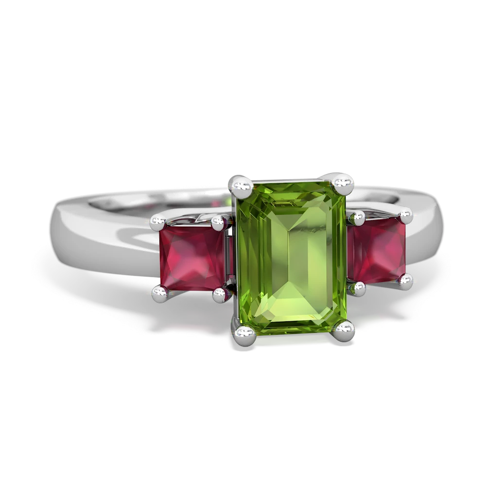 Peridot Three Stone Emerald-Cut Trellis 14K White Gold ring R4021