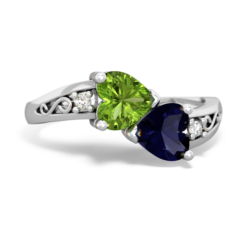 Peridot Snuggling Hearts 14K White Gold ring R2178