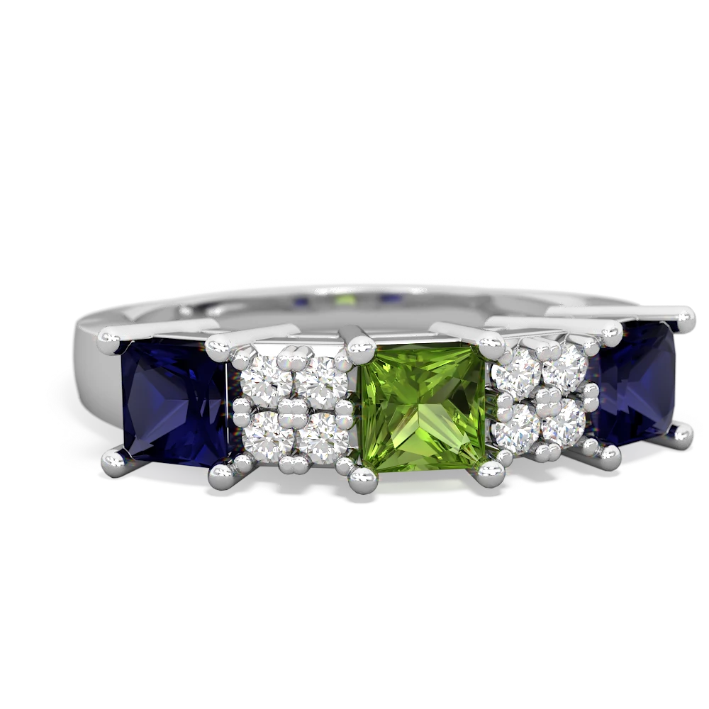 Peridot Three Stone Diamond Cluster 14K White Gold ring R2592