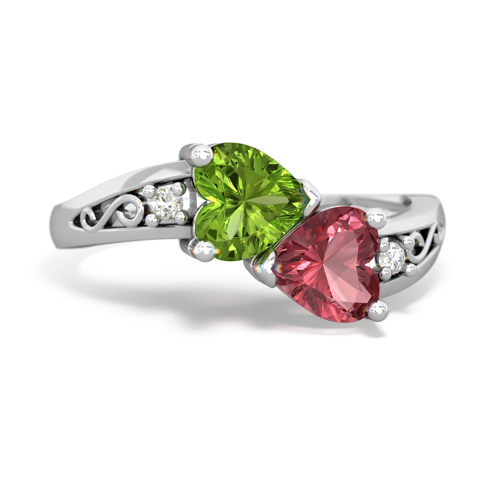 Peridot Snuggling Hearts 14K White Gold ring R2178