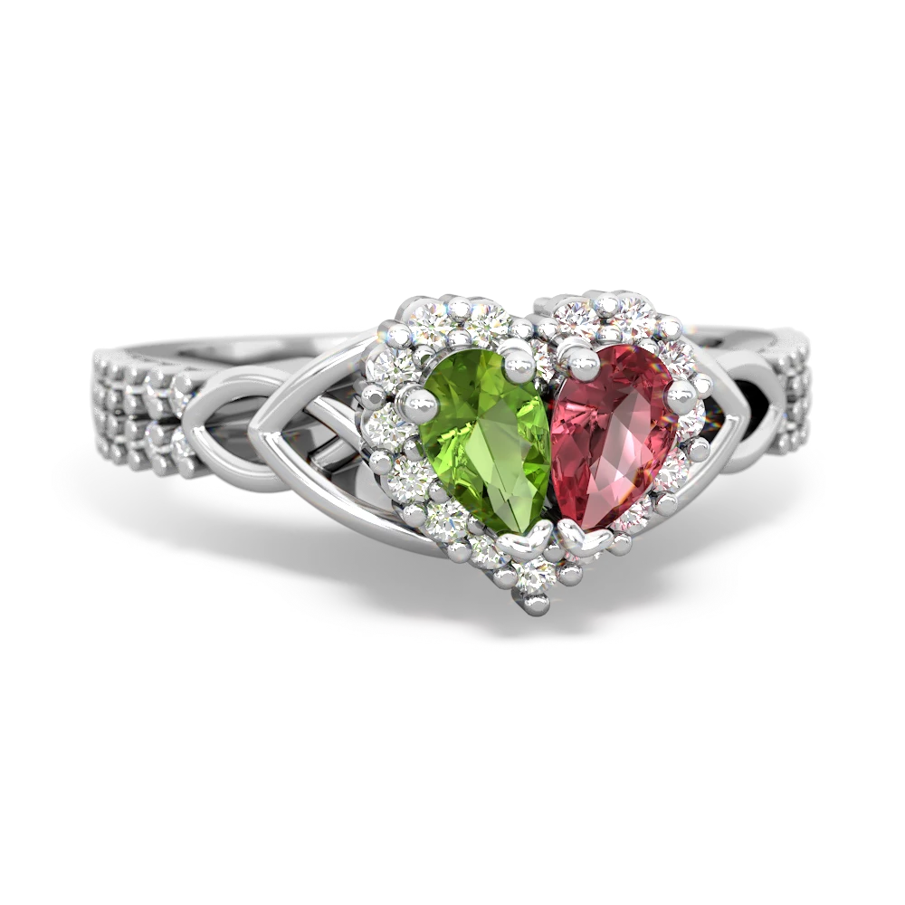 Peridot Celtic Knot Two Hearts As One 14K White Gold ring R2644HRT