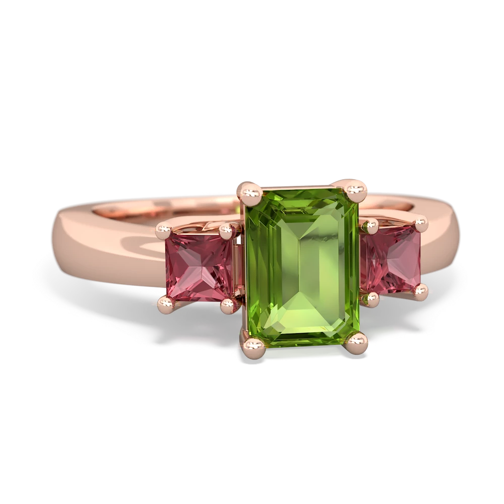 Peridot Three Stone Emerald-Cut Trellis 14K Rose Gold ring R4021