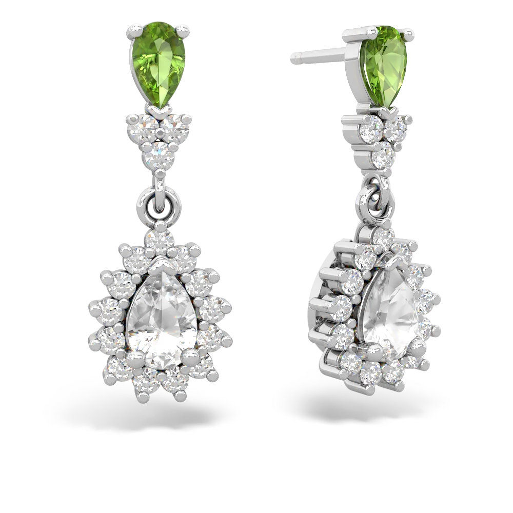 Peridot Halo Pear Dangle 14K White Gold earrings E1882