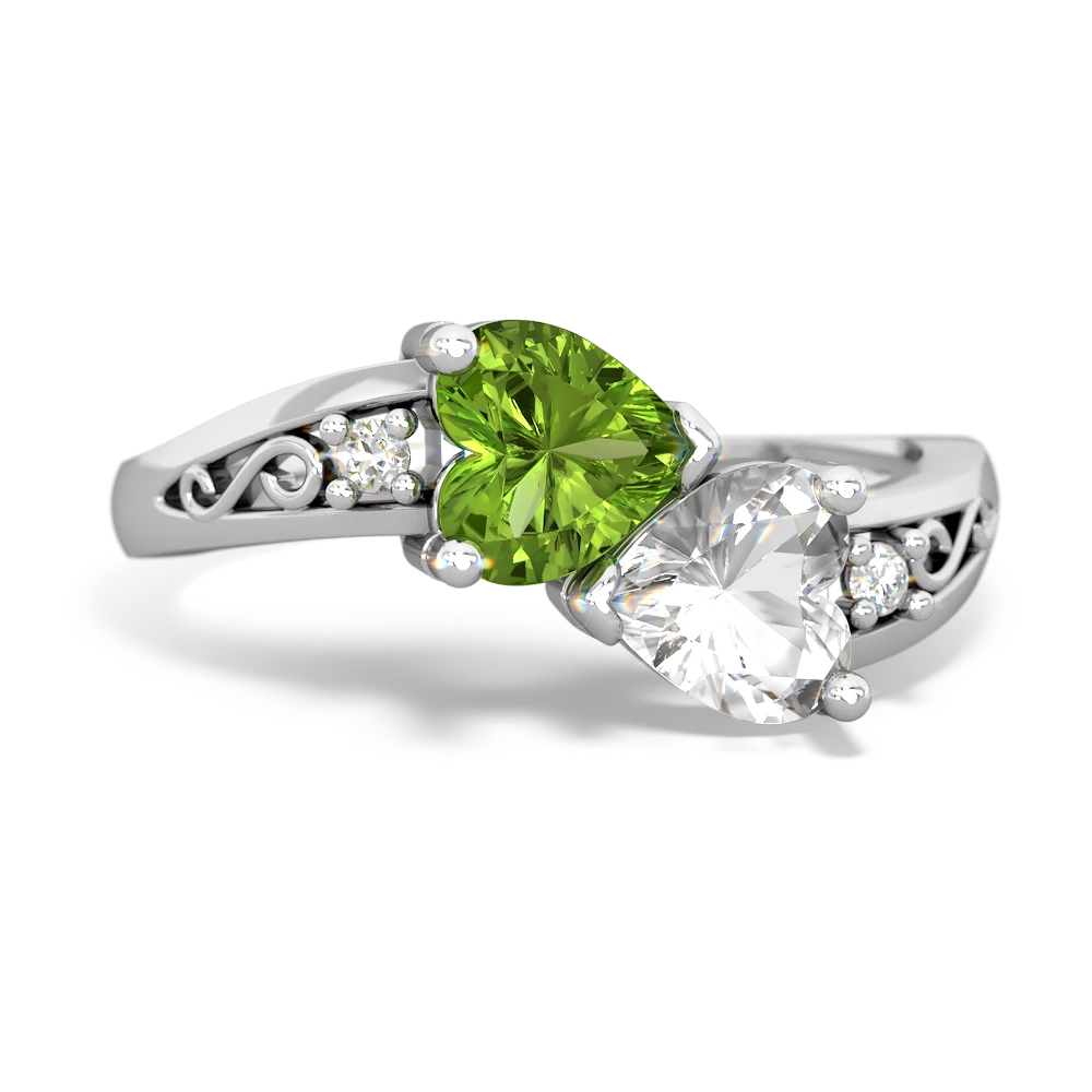 Peridot Snuggling Hearts 14K White Gold ring R2178