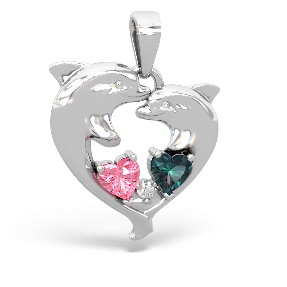 Lab Pink Sapphire Dolphin Heart 14K White Gold pendant P5820