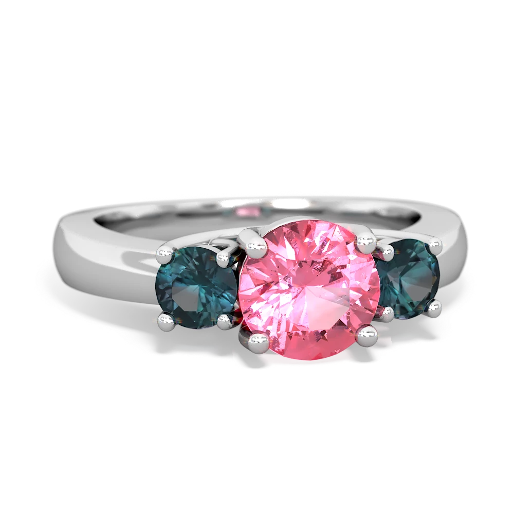 Lab Pink Sapphire Three Stone Round Trellis 14K White Gold ring R4018