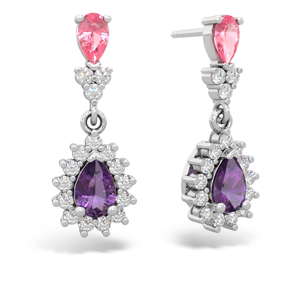 Lab Pink Sapphire Halo Pear Dangle 14K White Gold earrings E1882