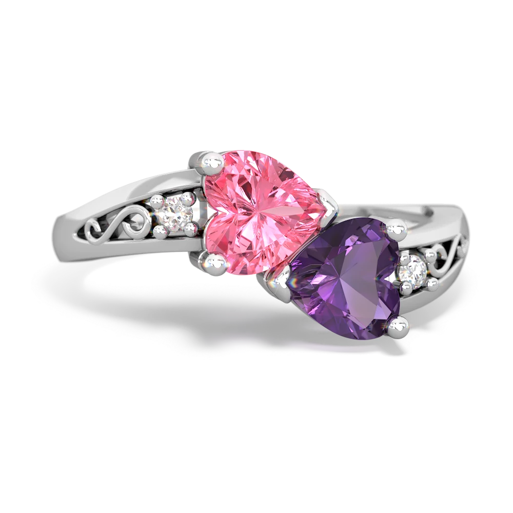 Lab Pink Sapphire Snuggling Hearts 14K White Gold ring R2178