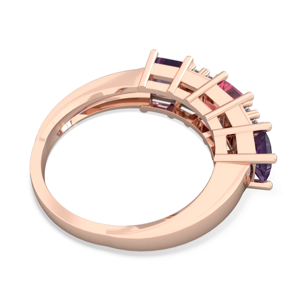 Lab Pink Sapphire Three Stone Diamond Cluster 14K Rose Gold ring R2592