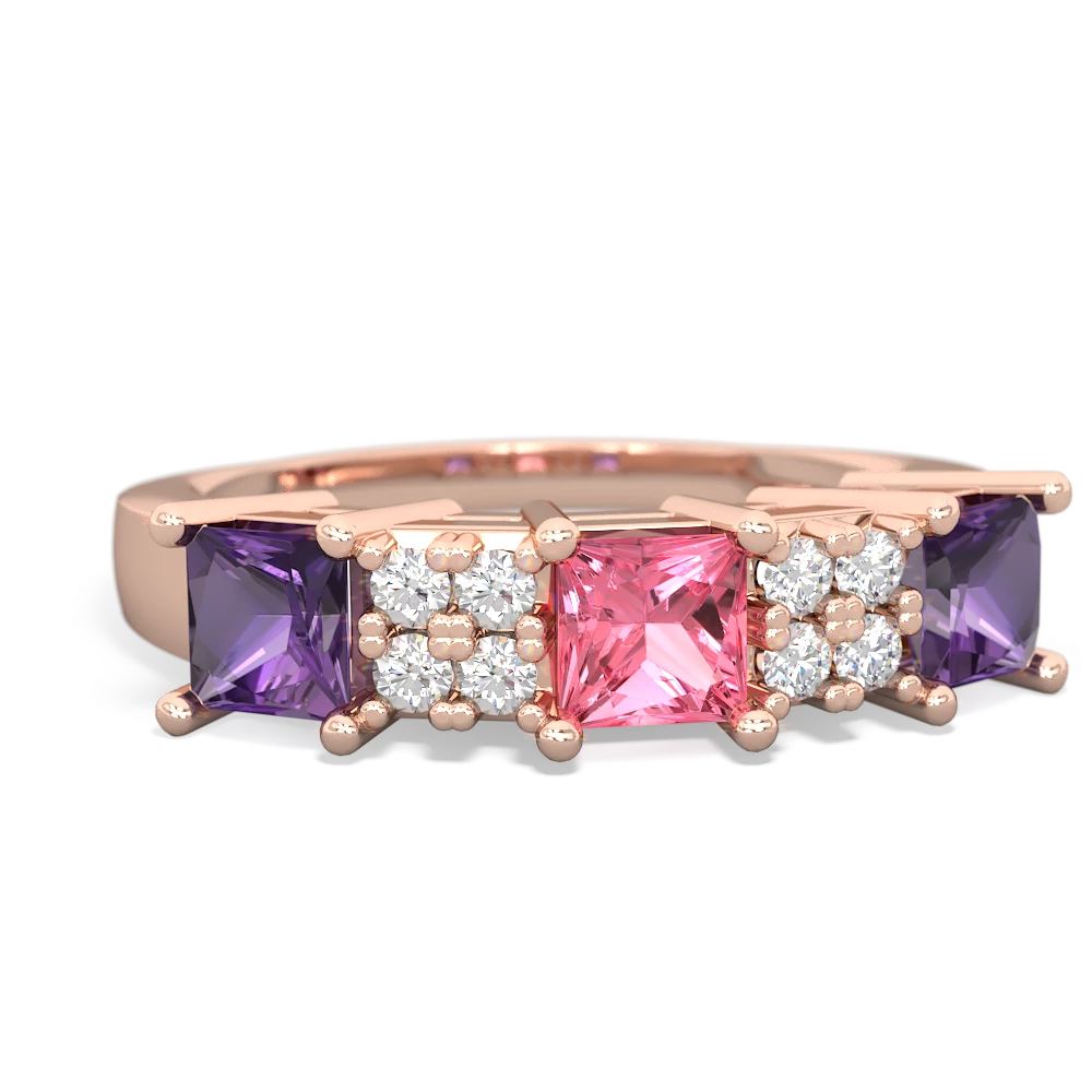 Lab Pink Sapphire Three Stone Diamond Cluster 14K Rose Gold ring R2592