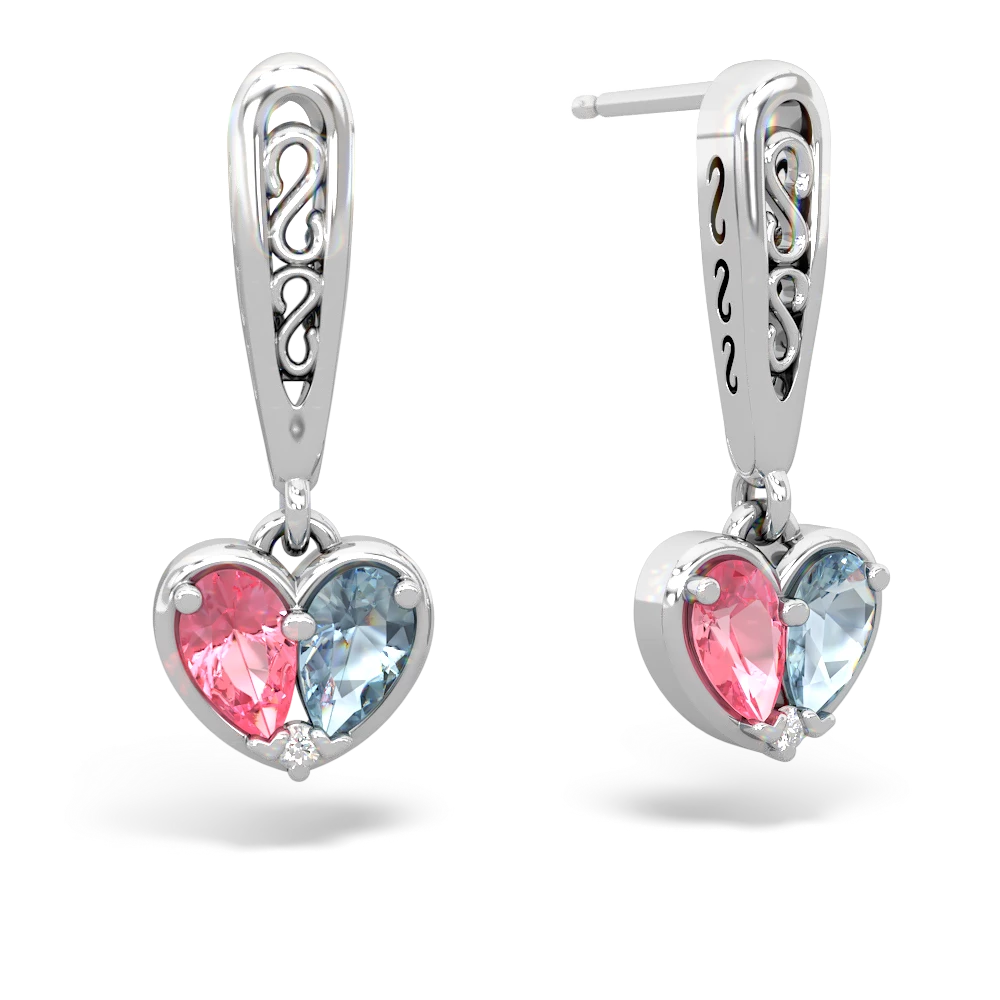 Lab Pink Sapphire Filligree Heart 14K White Gold earrings E5070