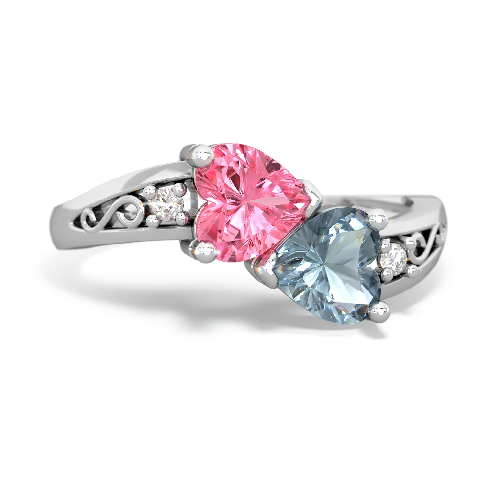 Lab Pink Sapphire Snuggling Hearts 14K White Gold ring R2178