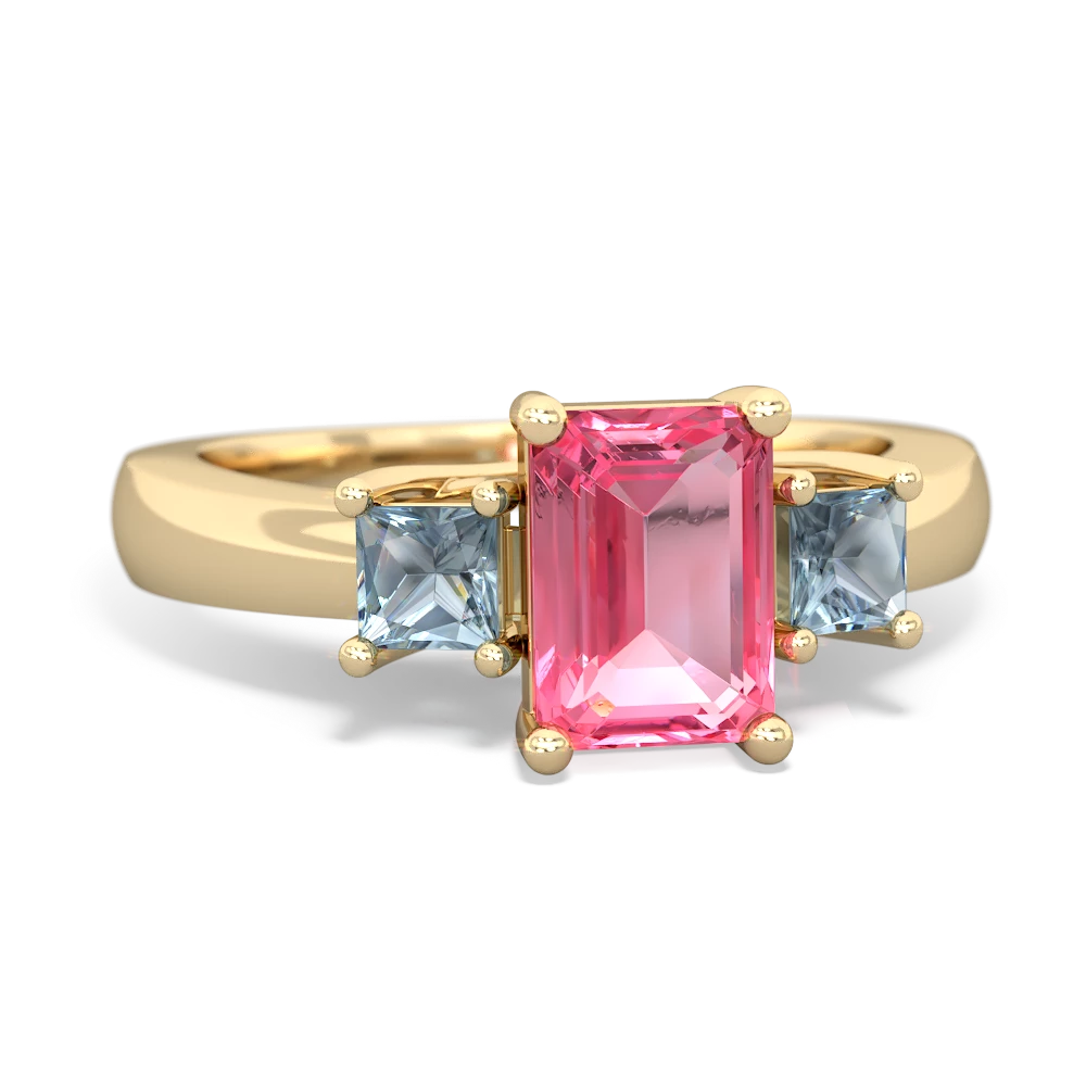 Lab Pink Sapphire Three Stone Emerald-Cut Trellis 14K Yellow Gold ring R4021