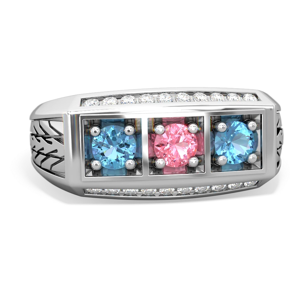 Lab Pink Sapphire Three Stone Tire Tread Men's 14K White Gold ring R0520