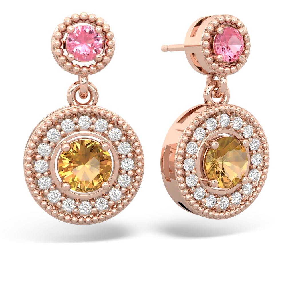 Lab Pink Sapphire Halo Dangle 14K Rose Gold earrings E5319