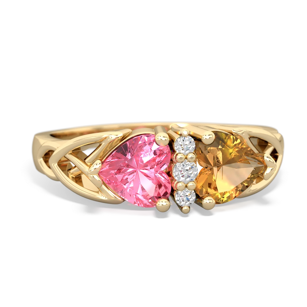 Lab Pink Sapphire Celtic Knot Double Heart 14K Yellow Gold ring R5040