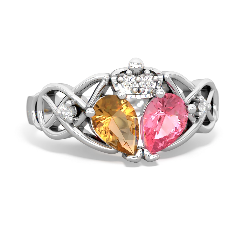 Lab Pink Sapphire 'One Heart' Celtic Knot Claddagh 14K White Gold ring R5322