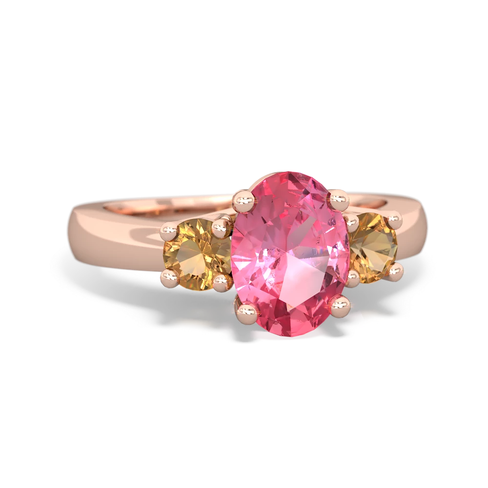 Lab Pink Sapphire Three Stone Oval Trellis 14K Rose Gold ring R4024