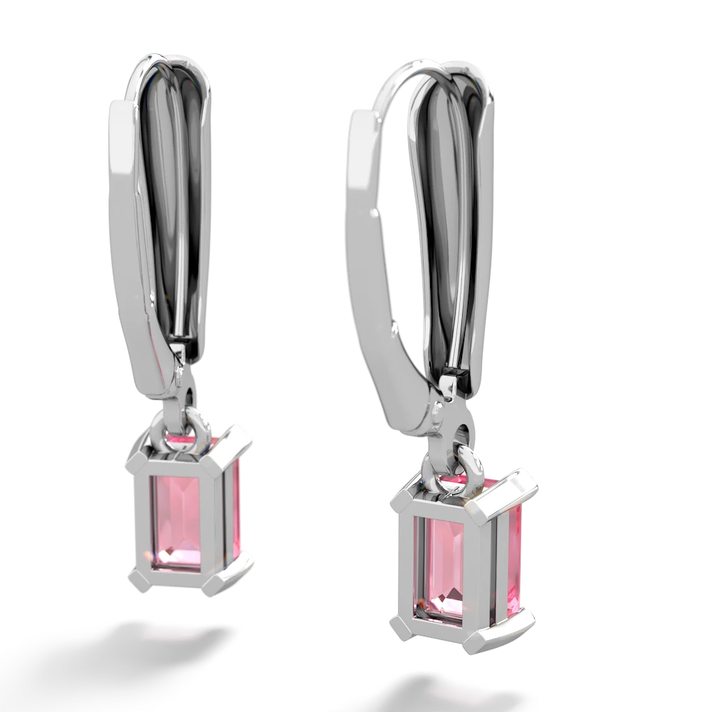 Lab Pink Sapphire 6X4mm Emerald-Cut Lever Back 14K White Gold earrings E2855