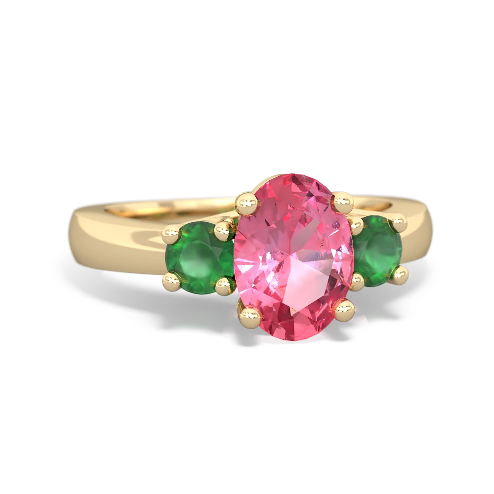 Lab Pink Sapphire Three Stone Oval Trellis 14K Yellow Gold ring R4024