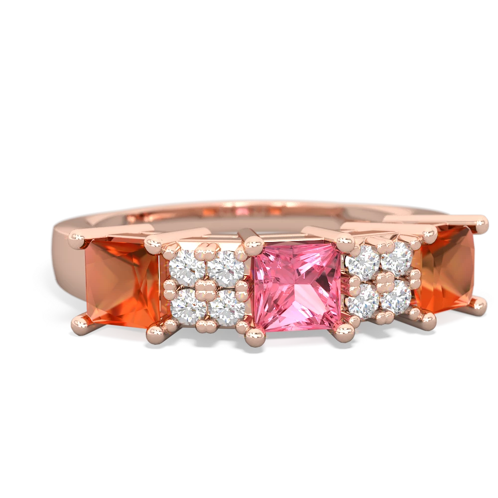 Lab Pink Sapphire Three Stone Diamond Cluster 14K Rose Gold ring R2592