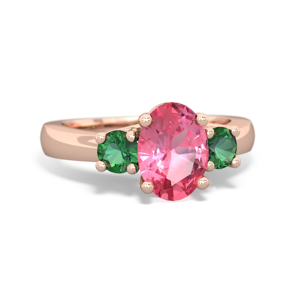 Lab Pink Sapphire Three Stone Oval Trellis 14K Rose Gold ring R4024