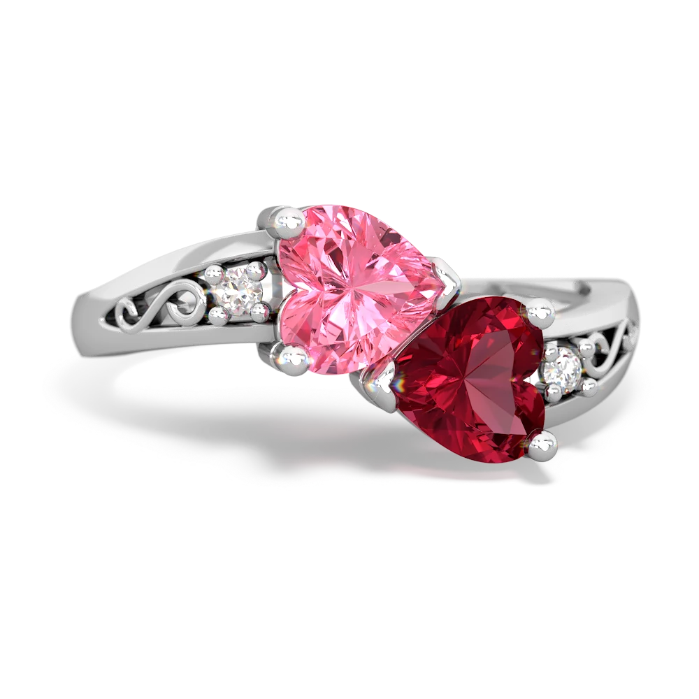 Lab Pink Sapphire Snuggling Hearts 14K White Gold ring R2178