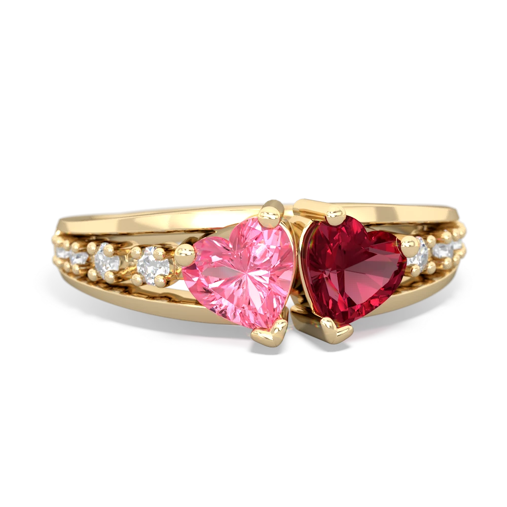 Lab Pink Sapphire Heart To Heart 14K Yellow Gold ring R3342