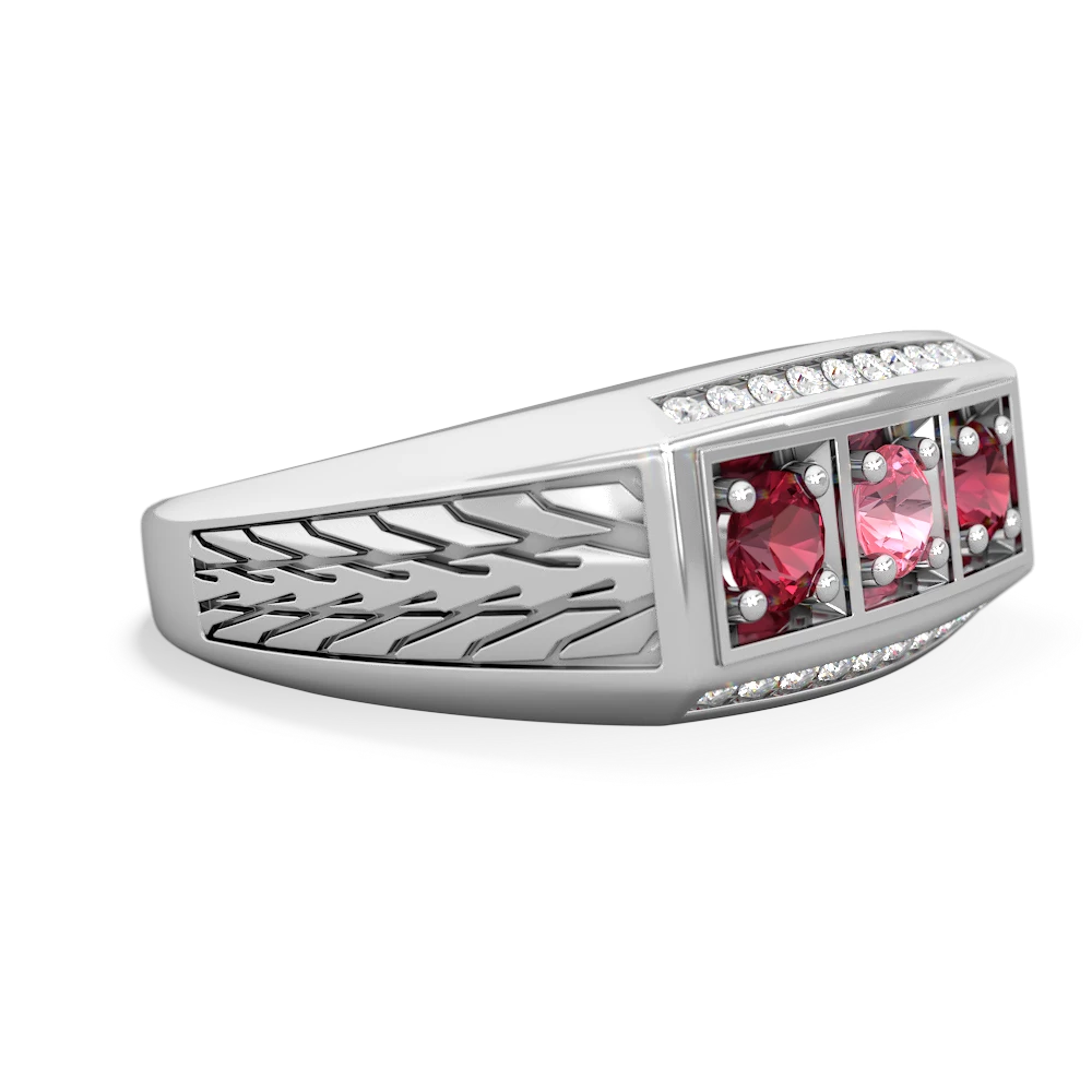 Lab Pink Sapphire Three Stone Tire Tread Men's 14K White Gold ring R0520