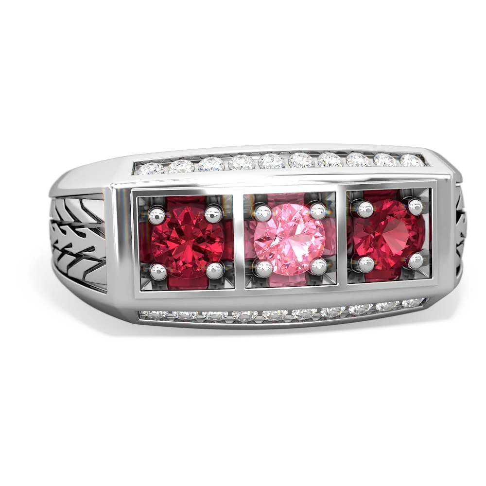 Lab Pink Sapphire Three Stone Tire Tread Men's 14K White Gold ring R0520