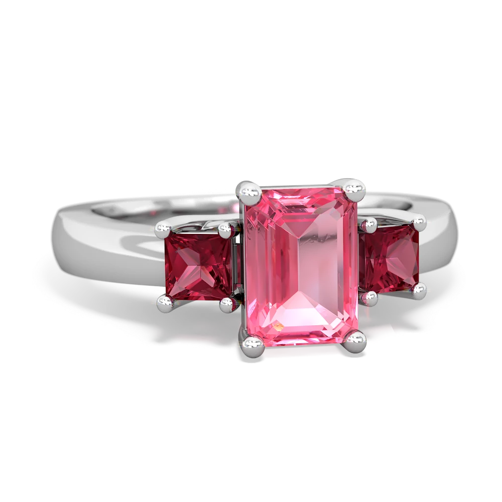 Lab Pink Sapphire Three Stone Emerald-Cut Trellis 14K White Gold ring R4021