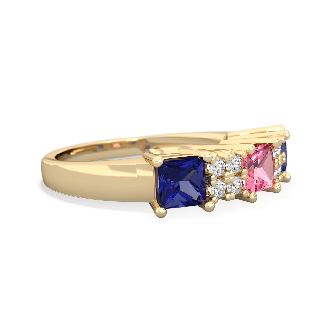 Lab Pink Sapphire Three Stone Diamond Cluster 14K Yellow Gold ring R2592