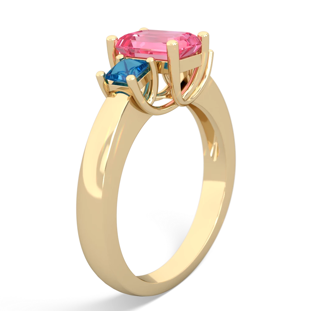 Lab Pink Sapphire Three Stone Emerald-Cut Trellis 14K Yellow Gold ring R4021