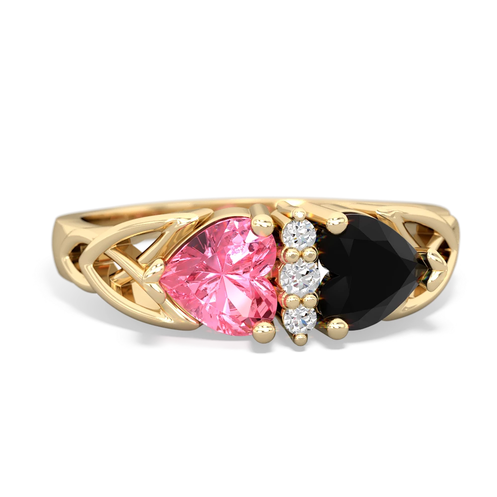 Lab Pink Sapphire Celtic Knot Double Heart 14K Yellow Gold ring R5040