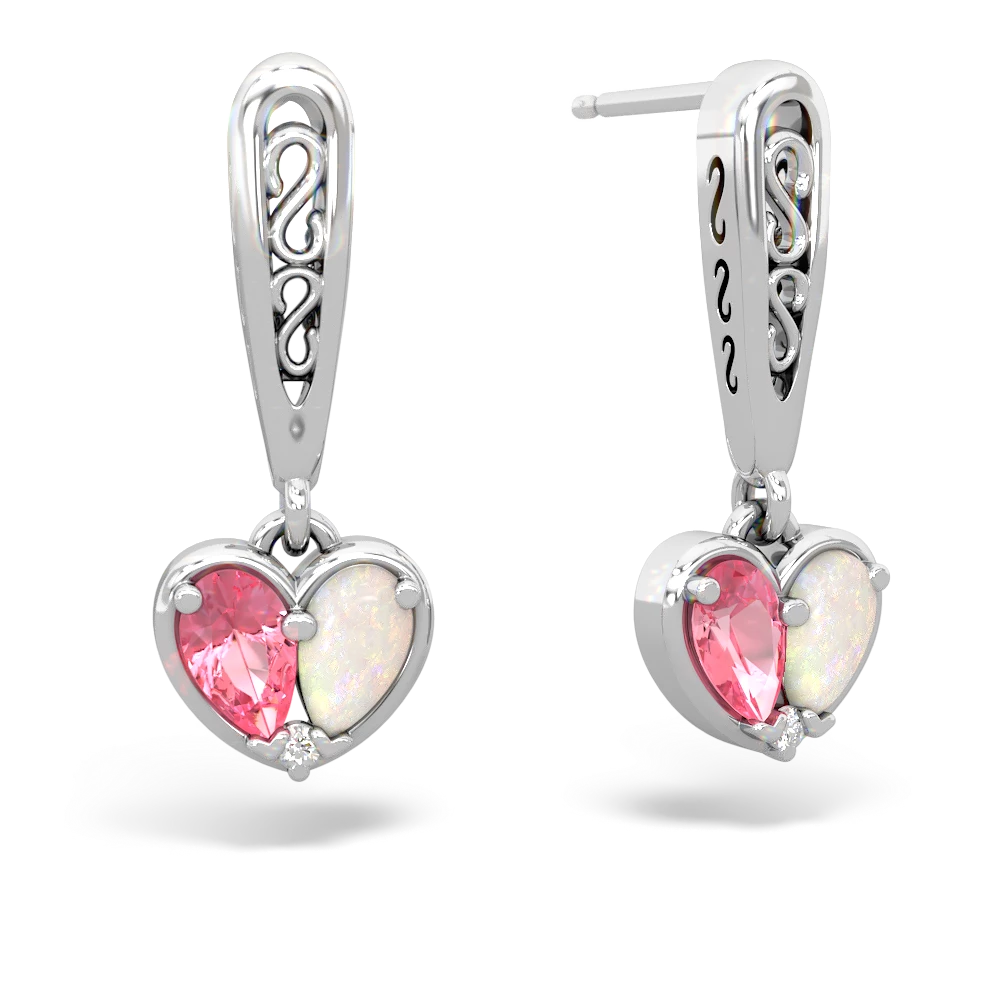 Lab Pink Sapphire Filligree Heart 14K White Gold earrings E5070