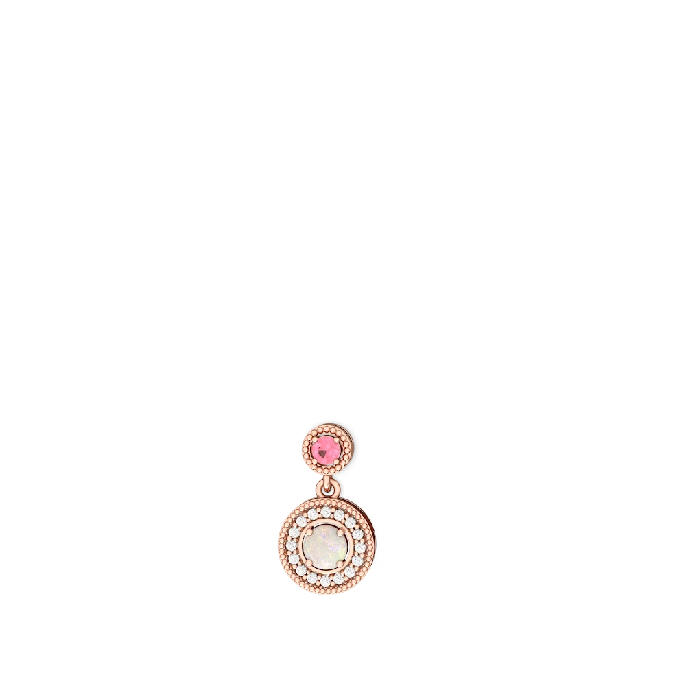 Lab Pink Sapphire Halo Dangle 14K Rose Gold earrings E5319