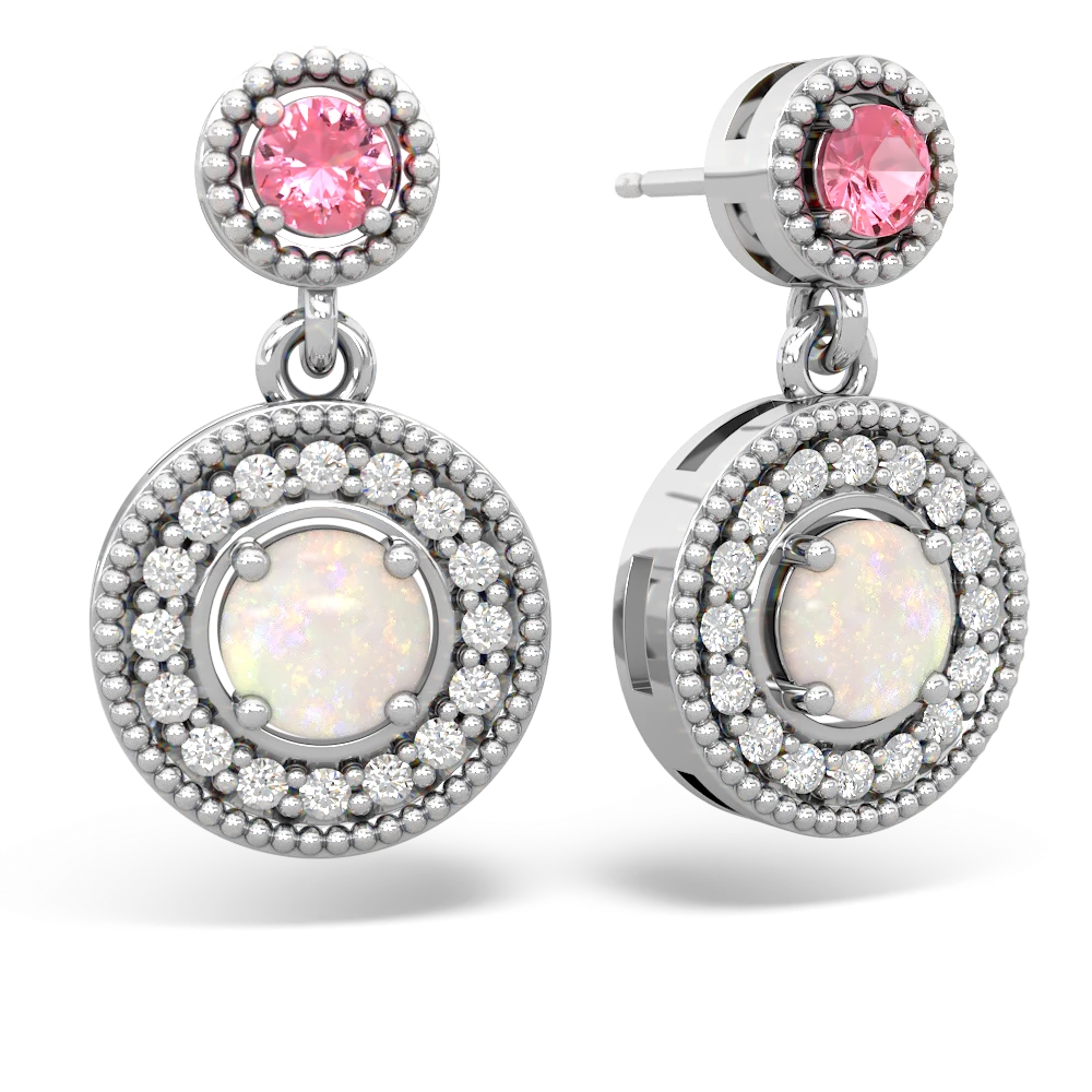 Lab Pink Sapphire Halo Dangle 14K White Gold earrings E5319