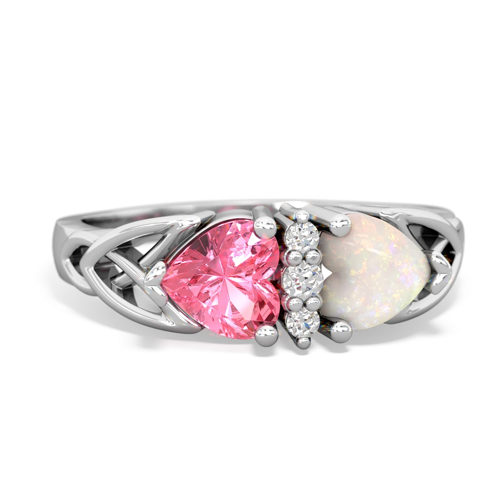 Lab Pink Sapphire Celtic Knot Double Heart 14K White Gold ring R5040